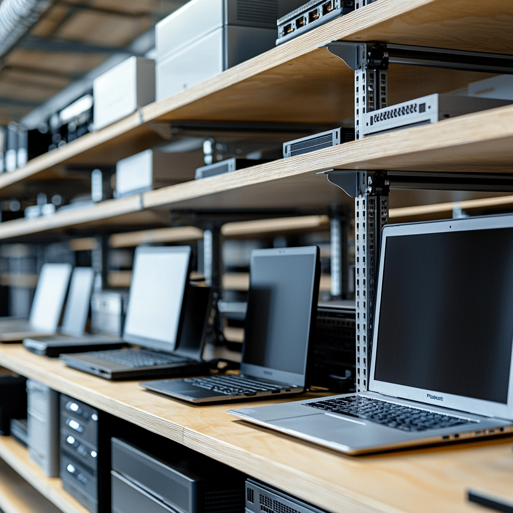 Équipements informatiques reconditionnés, ordinateurs portables, moniteurs et serveurs soigneusement organisés dans un atelier de recyclage professionnel Ecofina, sans présence humaine, ambiance éco-responsable.