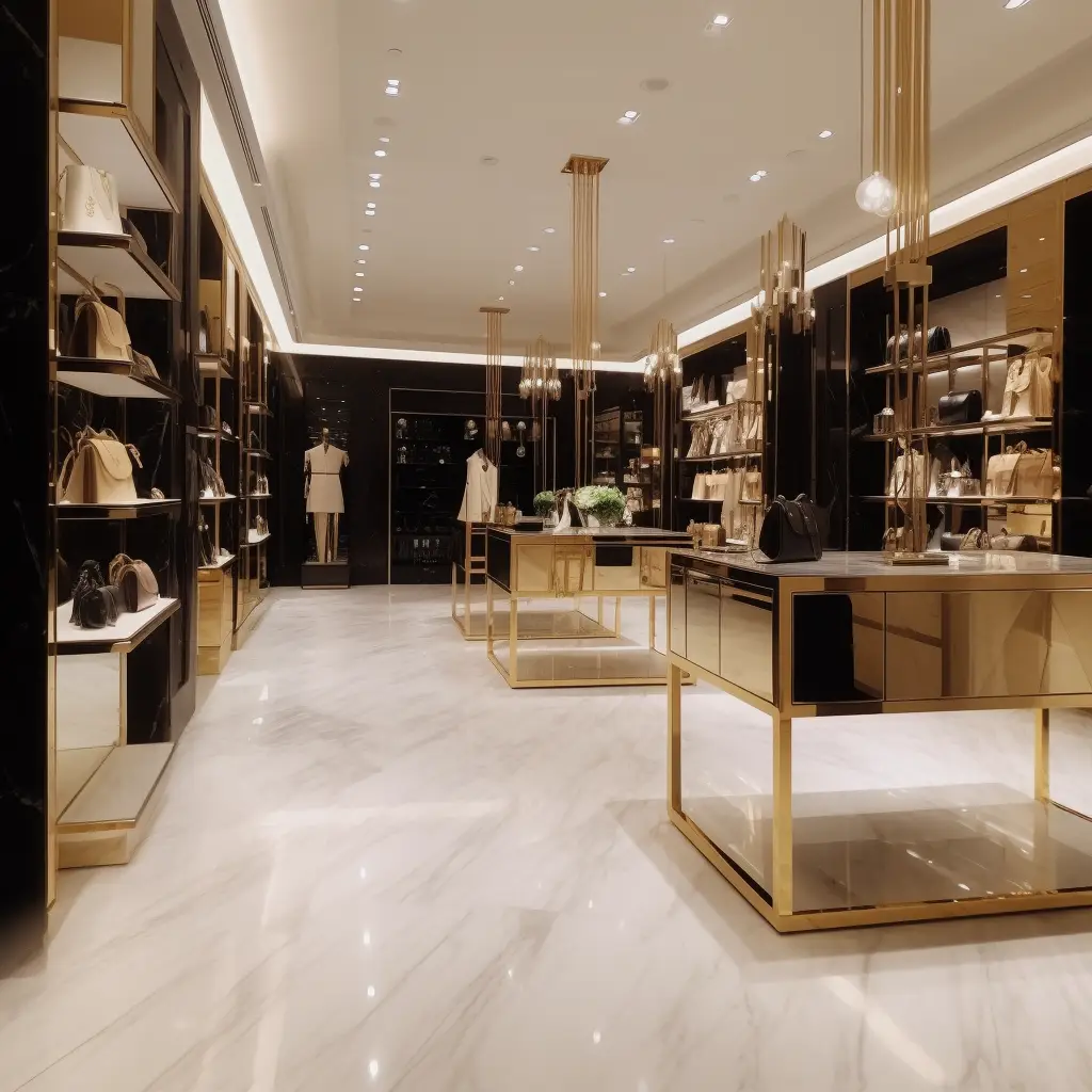 Intérieur d'une boutique de luxe avec mobilier haut de gamme et agencement moderne, illustrant les solutions de leasing pour commerces et magasins en Suisse proposées par Ecofina.