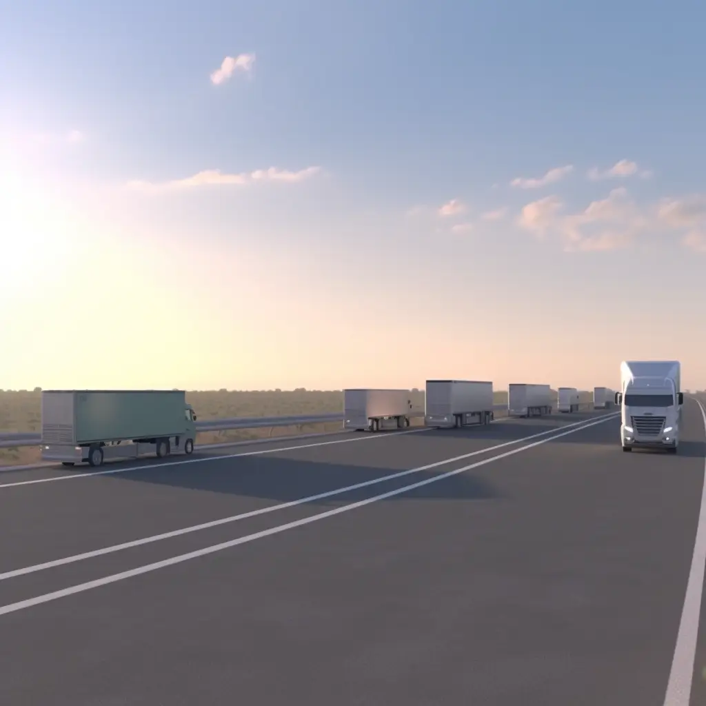 Flotte de camions modernes sur autoroute au coucher du soleil, illustrant les solutions de leasing et financement pour le secteur transport et logistique en Suisse proposées par Ecofina.