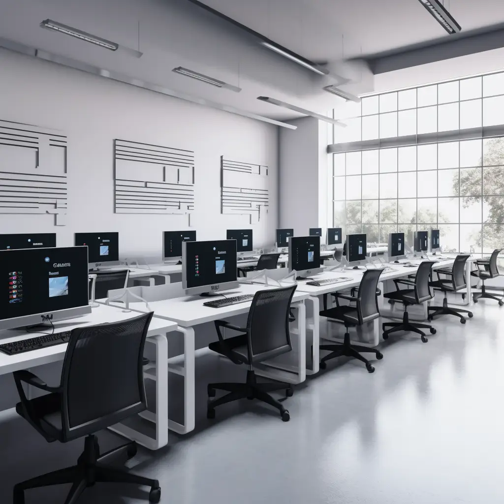 Salle informatique moderne pour établissement scolaire, équipée de postes de travail neufs, illustrant les solutions de leasing informatique proposées par Ecofina pour le secteur de l’éducation en Suisse.
