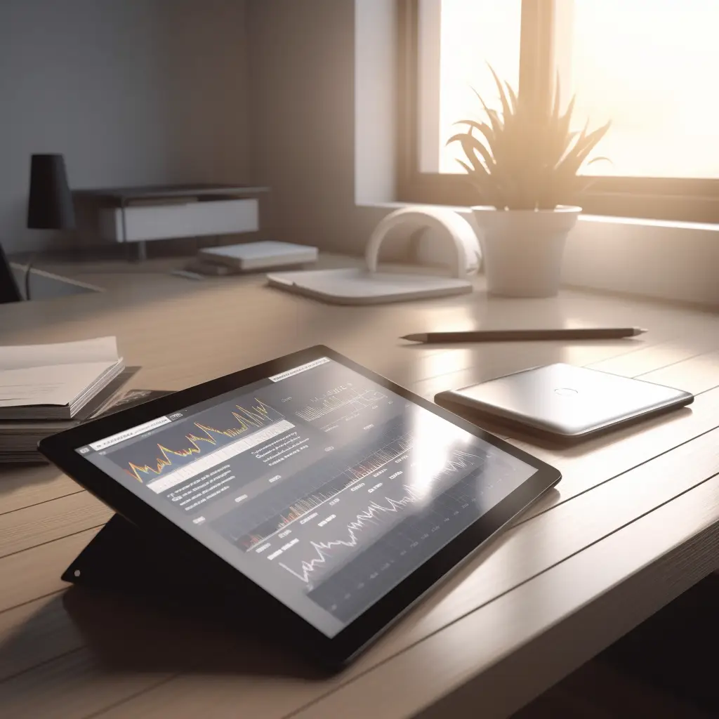 Bureau moderne avec tablette affichant un rapport financier, illustrant les solutions de gestion financière et de financement sur mesure proposées par Ecofina pour les entreprises suisses.