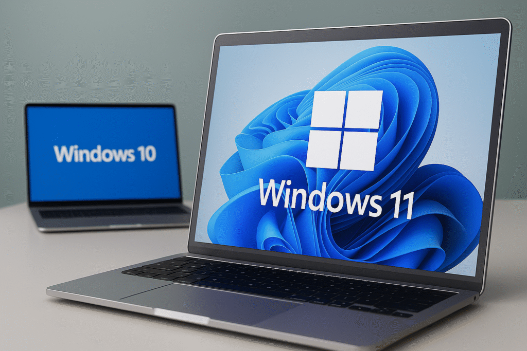 Ordinateur portable affichant Windows 11, illustrant la transition des PME suisses vers le nouveau système d’exploitation, accompagnée par Ecofina SA pour le financement informatique.